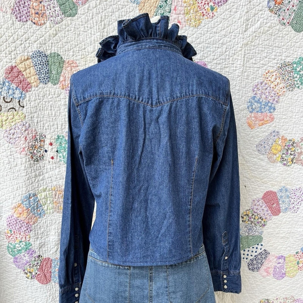 Upcycled Re-worked Levis Stretch Denim Snap Front Western Ruffle Collar Shirt M - Picture 6 of 10